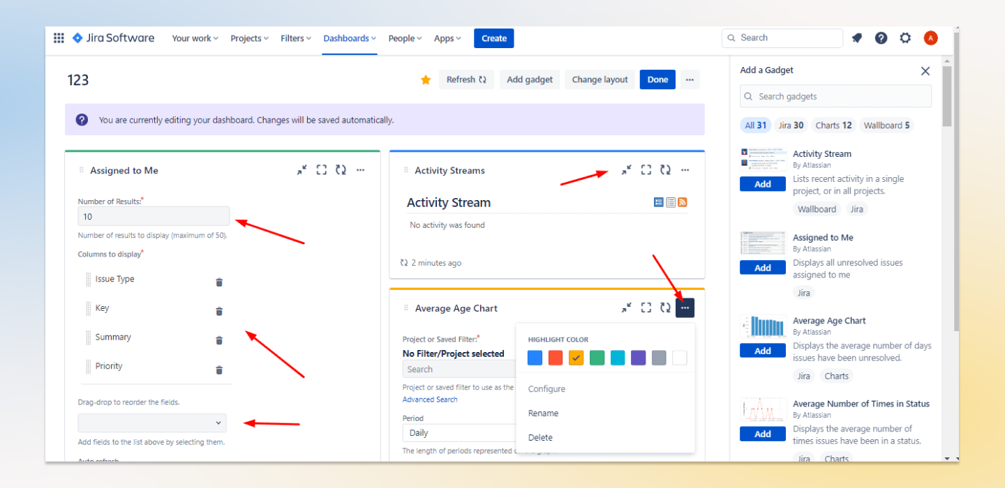 Jak PM może skonfigurować dashboardy dla swoich projektów